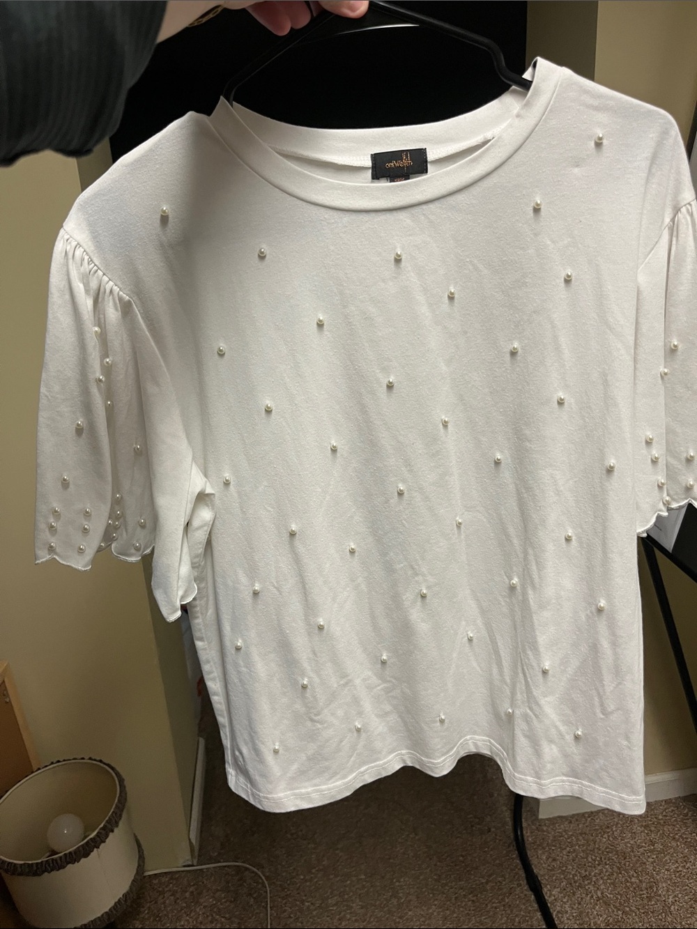 Anthropologie Pearl-Embellished White Short Sleeve Tee